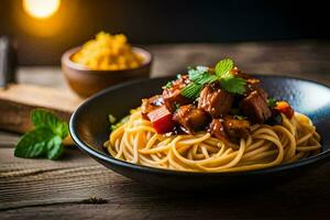 spaghetti with meat and vegetables in a bowl. AI-Generated photo