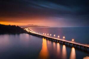 a long bridge over the ocean at sunset. AI-Generated photo