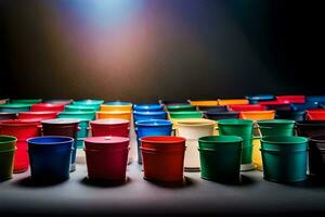 many colorful plastic buckets are arranged in a row. AI-Generated photo