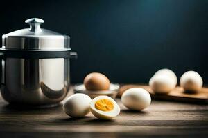 an egg is sitting next to a pot and a knife. AI-Generated photo