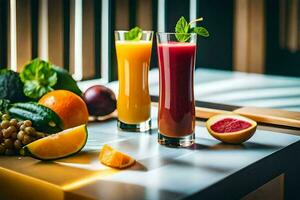 two glasses of juice with fruit and vegetables. AI-Generated photo