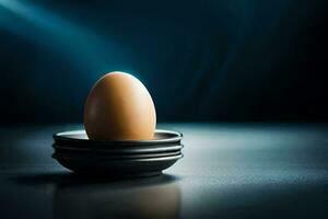 un huevo sentado en parte superior de un negro bol. generado por ai foto