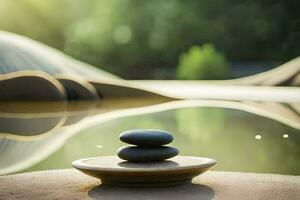 a zen stone on a plate with water and a mountain in the background. AI-Generated photo