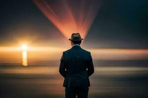 un hombre en un traje y sombrero soportes en frente de el Oceano a puesta de sol. generado por ai foto