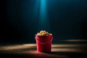 a red bucket filled with popcorn on a dark background. AI-Generated photo