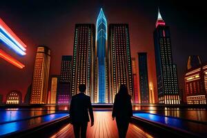 two people walking in front of a city at night. AI-Generated photo