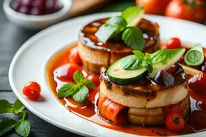 three slices of meat on a plate with sauce. AI-Generated photo