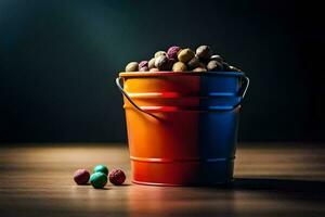 a bucket filled with colorful candy. AI-Generated photo