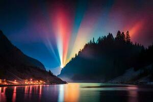 un arco iris ligero brilla terminado un lago y montañas. generado por ai foto