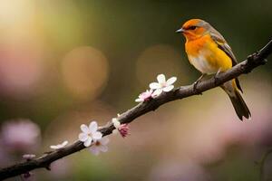 a bird sits on a branch with flowers in the background. AI-Generated photo