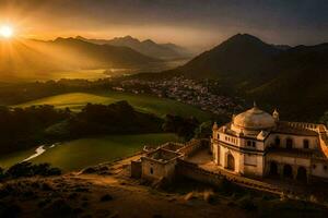 the sun sets over a small village in the mountains. AI-Generated photo