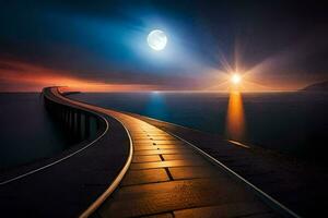 a long bridge with a moon in the sky. AI-Generated photo