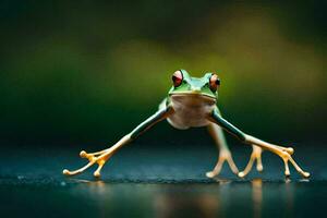 a frog with its legs spread out on the ground. AI-Generated photo