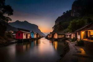 a river in the mountains with houses on either side. AI-Generated photo