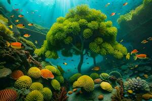 an underwater scene with colorful fish and coral. AI-Generated photo