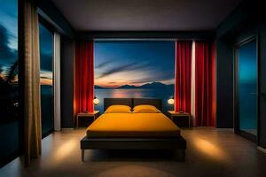 a bedroom with a view of the ocean at sunset. AI-Generated photo