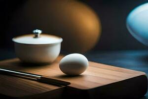 an egg and chopsticks on a cutting board. AI-Generated photo