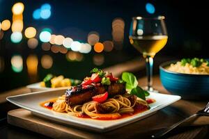 a plate of spaghetti with meat and sauce is served on a wooden table with a glass of wine. AI-Generated photo