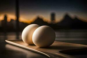 two eggs on a cutting board with a city skyline in the background. AI-Generated photo