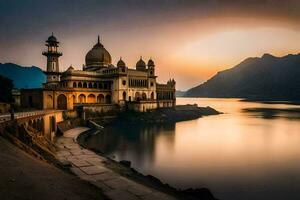the sunset over the lake and the mosque. AI-Generated photo