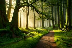 a path through a green forest with trees and sun. AI-Generated photo