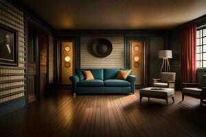 un vivo habitación con un azul sofá y rojo cortinas generado por ai foto