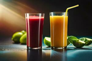 two glasses of juice with lime and limes. AI-Generated photo