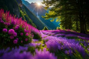 hermosa púrpura flores en el montañas a puesta de sol. generado por ai foto