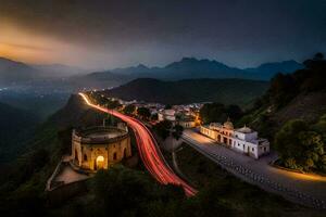 a view of the road and buildings in the mountains at dusk. AI-Generated photo