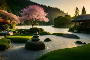 the japanese garden in the sun. AI-Generated photo