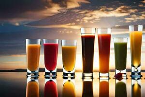 a group of glasses with different colored juices. AI-Generated photo