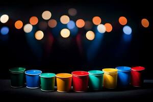 colorful cups lined up on a table with lights behind them. AI-Generated photo