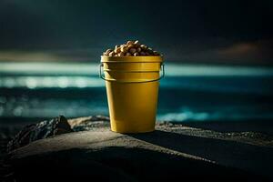 a bucket of peanuts on a rock by the ocean. AI-Generated photo