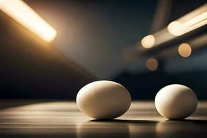 two white balls sit on a table in front of a blurry background. AI-Generated photo