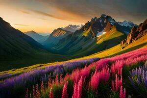 the sun rises over the mountains and the flowers bloom in the valley. AI-Generated photo