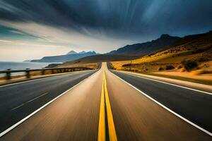 a long exposure photograph of a highway with mountains in the background. AI-Generated photo