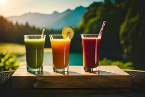 Tres lentes de jugo con un montaña en el antecedentes. generado por ai foto