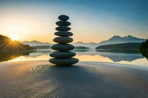 a stack of stones in front of a lake at sunset. AI-Generated photo