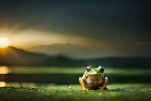 un rana sentado en el césped a puesta de sol. generado por ai foto