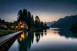 a house sits on the shore of a lake at dusk. AI-Generated photo