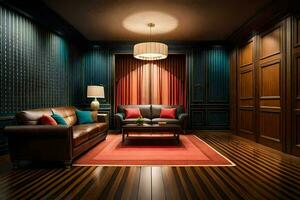 a room with dark wood walls and a leather couch. AI-Generated photo