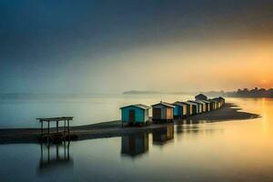 a row of beach huts on the shore of a lake. AI-Generated photo