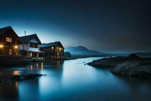 a house sits on the edge of a river at night. AI-Generated photo