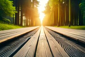 a wooden path in the woods with the sun shining. AI-Generated photo