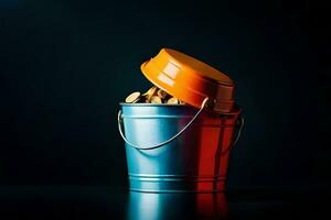 a bucket filled with coins on a dark background. AI-Generated photo