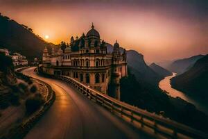 a long exposure photo of a bridge and a castle in the mountains. AI-Generated