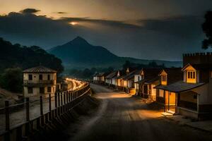 a road leading to a mountain with houses on either side. AI-Generated photo