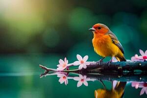 a bird is sitting on a branch with flowers. AI-Generated photo