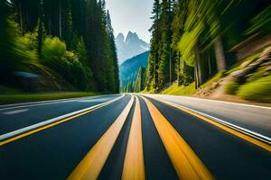 a blurry image of a road with mountains in the background. AI-Generated photo