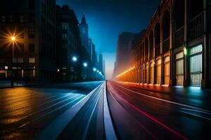 a long exposure photo of a city street at night. AI-Generated